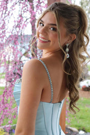 Spaghetti Straps V-Neck Beads Sleeveless Pleats Long Dress with Slit