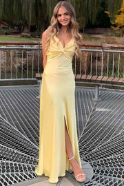 V-Neck Pleats Satin Sleeveless Long Party Prom Dress
