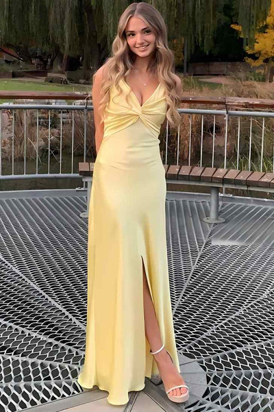 V-Neck Pleats Satin Sleeveless Long Party Prom Dress