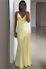 V-Neck Pleats Satin Sleeveless Long Party Prom Dress