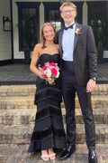 Black Strapless Tiered Tassel Sleeveless Long Prom Formal Dress