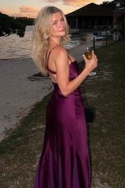 Purple Spaghetti Straps Satin Sleeveless Long Formal Dress