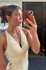 Yellow Halter V-Neck Twist Sleeveless Pleats Backless Long Dress