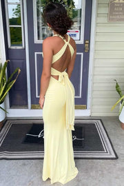 Yellow Halter V-Neck Twist Sleeveless Pleats Backless Long Dress