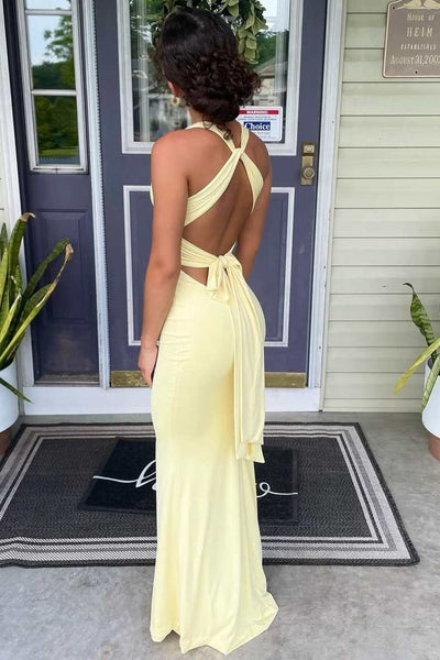 Yellow Halter V-Neck Twist Sleeveless Pleats Backless Long Dress