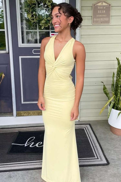 Yellow Halter V-Neck Twist Sleeveless Pleats Backless Long Dress