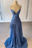 Blaues langes Meerjungfrauen-Abendkleid mit A-Linie, Spaghettiträgern, V-Ausschnitt und Falten