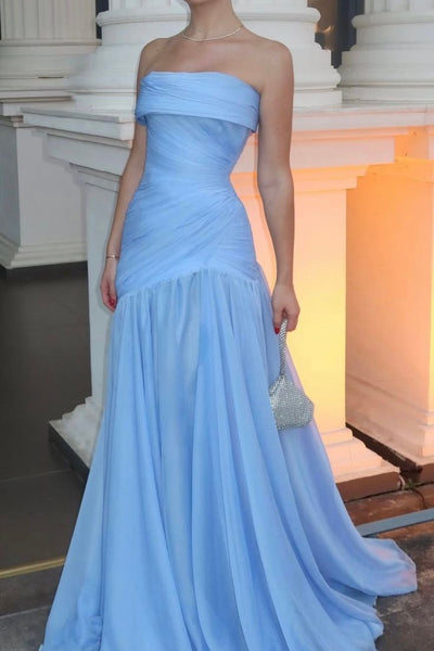 Strapless Sky Blue A-Line Pleats Sleeveless Long Evening Prom Dress