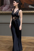 Black V-Neck Straps Lace Cut-out Sleeveless Long Prom Party Dress