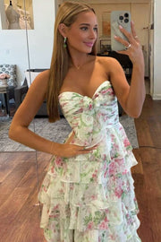 A-Line Strapless Empire-Waist Print Ruffles Long Dress with Slit