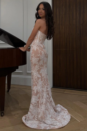 Strapless Sweetheart Lace Appliques Sleeveless Mermaid Long Prom Dress