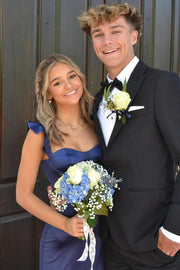 Double Straps Ruffles Side Slit Long Satin Prom Dress