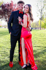 Double Straps Ruffles Side Slit Long Satin Prom Dress