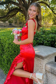 Double Straps Ruffles Side Slit Long Satin Prom Dress