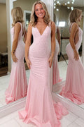 Pink V-Neck Straps Beaded Sleeveless Mermaid Long Prom Dress
