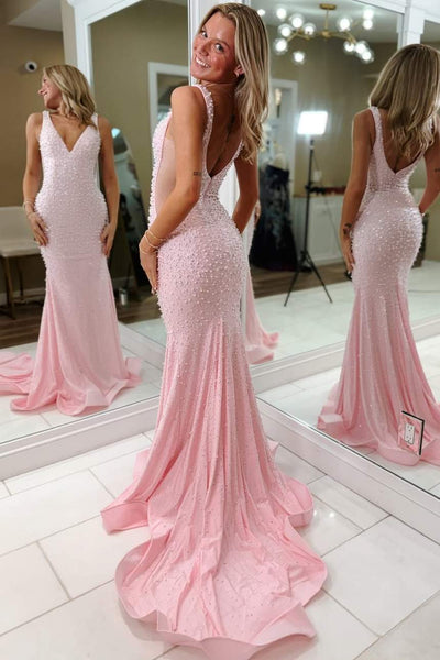 Pink V-Neck Straps Beaded Sleeveless Mermaid Long Prom Dress
