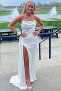 White Satin Strapless Fitted Pleats High Slit Long Prom Dress, Rhinestones