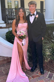 Strapless Fitted Pleats High Slit Long Prom Dress with Rhinestones