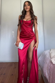 Strapless Fitted Pleats High Slit Long Prom Dress with Rhinestones