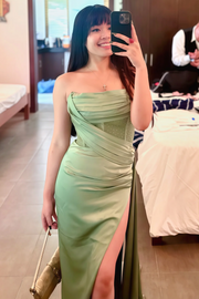 Strapless Fitted Pleats High Slit Long Prom Dress with Rhinestones