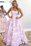 A-line Pink Satin Square Neck Jacquard Long Formal Prom Dress, Pearls
