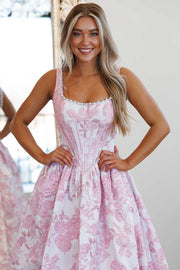 Pink A-Line Square Neck Empire-Waist Jacquard Long Prom Dress with Pearls