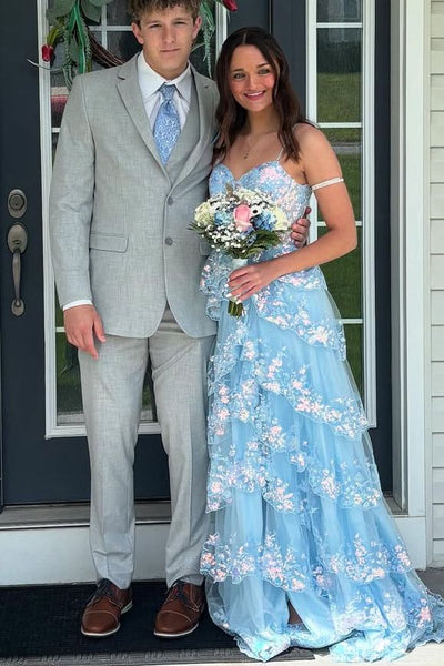 Blue A-Line Spaghetti Straps Empire-Waist Ruffles Long Dress