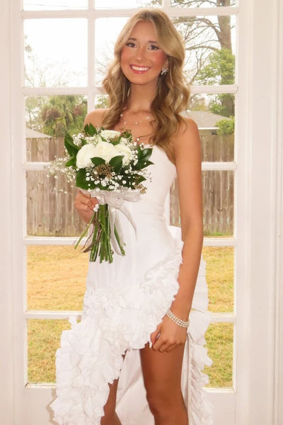 White Strapless Scoop Neck Ruffles Sleeveless High Slit Long Dress