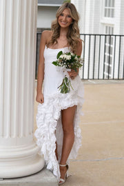 White Strapless Scoop Neck Ruffles Sleeveless High Slit Long Dress