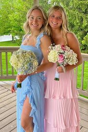 Blue Chiffon Double Straps Ruffles Sleeveless Long Prom Dress with Slit