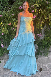 Blue A-Line Empire-Waist Strapless Ruffles Pleats Prom Dress