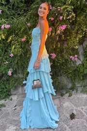 Blue A-Line Empire-Waist Strapless Ruffles Pleats Prom Dress