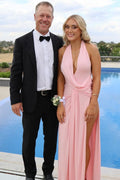 Halter Plunging Pleats Sleeveless Pink Long Prom Dress, High Slit