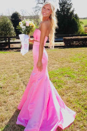 Pink Strapless Bow Sleeveless Satin Pleats Prom Dress