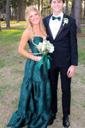 A-Line Beads Straps Green Print Satin Sleeveless Formal Prom Dress
