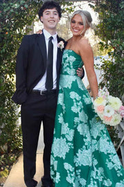 A-Line Strapless Print Side Slit Empire-Waist Long Prom Dress