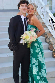 A-Line Strapless Print Side Slit Empire-Waist Long Prom Dress