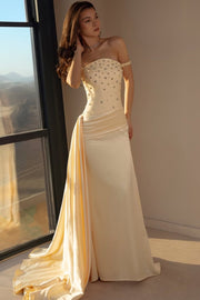 Off-Shoulder Beads Pleats Scoop Neck Evening Prom Dress