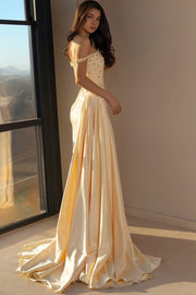 Off-Shoulder Beads Pleats Scoop Neck Evening Prom Dress