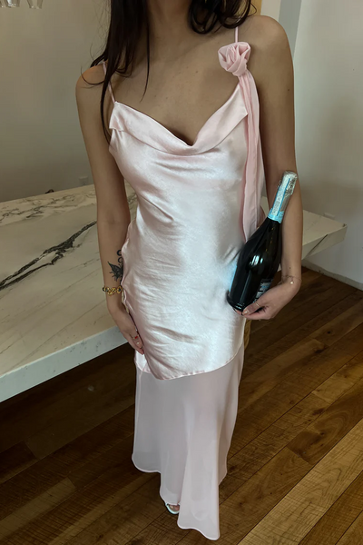 Spaghetti Straps Cowl Neck Sleeveless Sheath Pink Formal Prom Dress