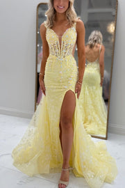 Deep V-Neck Lace Appliques High Slit Prom Dress with Train