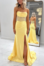 Yellow Strapless Sleeveless Pleats Side Slit Prom Dress with Rhinestone