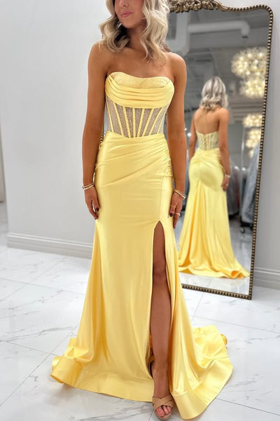 Yellow Strapless Sleeveless Pleats Side Slit Prom Dress with Rhinestone