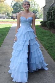 A-Line Strapless Empire-Waist Ruffles Chiffon Long Prom Dress with Slit
