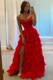 A-Line Strapless Empire-Waist Ruffles Chiffon Long Prom Dress with Slit
