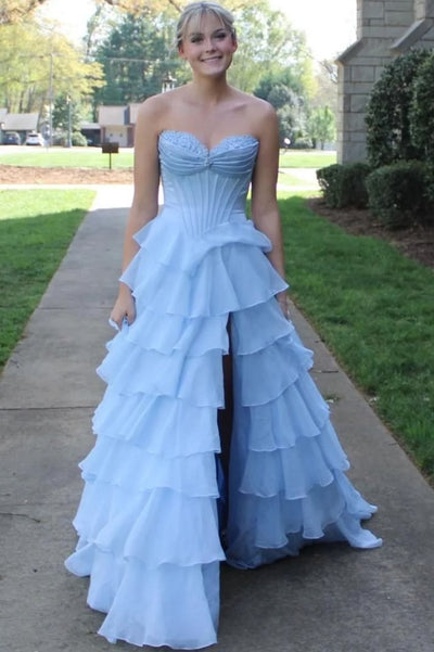 A-Line Strapless Empire-Waist Ruffles Chiffon Long Prom Dress with Slit