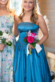 Blue A-Line Strapless Scoop Neck Pleated Empire-Waist Dress