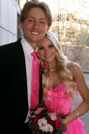 Pink A-Line Strapless V-Neck Ruffles Chiffon Long Prom Dress with Bow