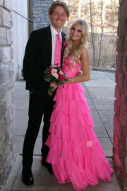 Pink A-Line Strapless V-Neck Ruffles Chiffon Long Prom Dress with Bow