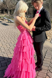 Pink A-Line Strapless V-Neck Ruffles Chiffon Long Prom Dress with Bow